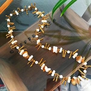 Vintage Miriam Haskell 1950s Era Golden Shell and Coral Summer Necklace